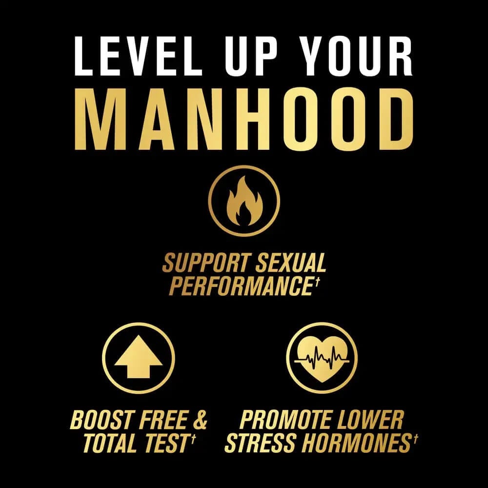 Icons representing Level Up Your Manhood, Sexual Performance, and Boost Testosterone