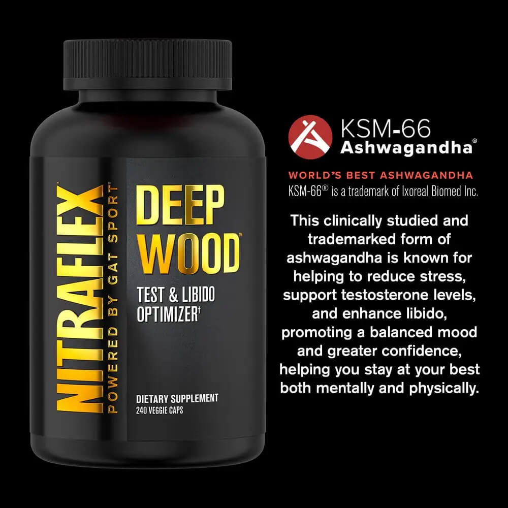 Nitraflex Deep Wood bottle highlighting KSM-66 Ashwagandha for stress reduction