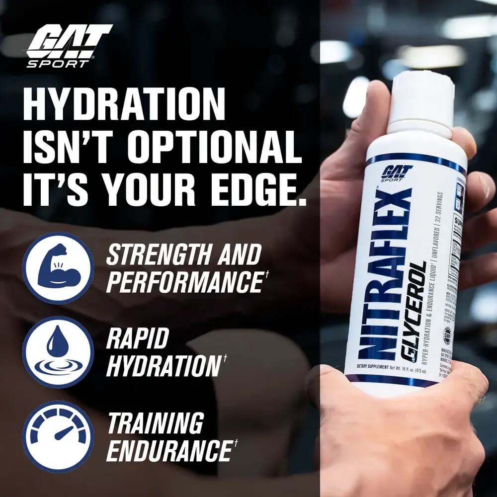 Hands holding Nitraflex Glycerol bottle with the text Hydration Isn't Optional It's Your Edge
