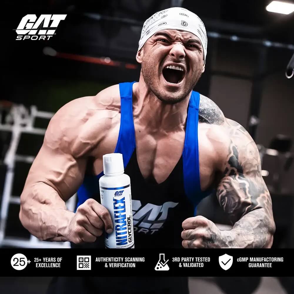 Intense athlete screaming while holding a bottle of Nitraflex Glycerol