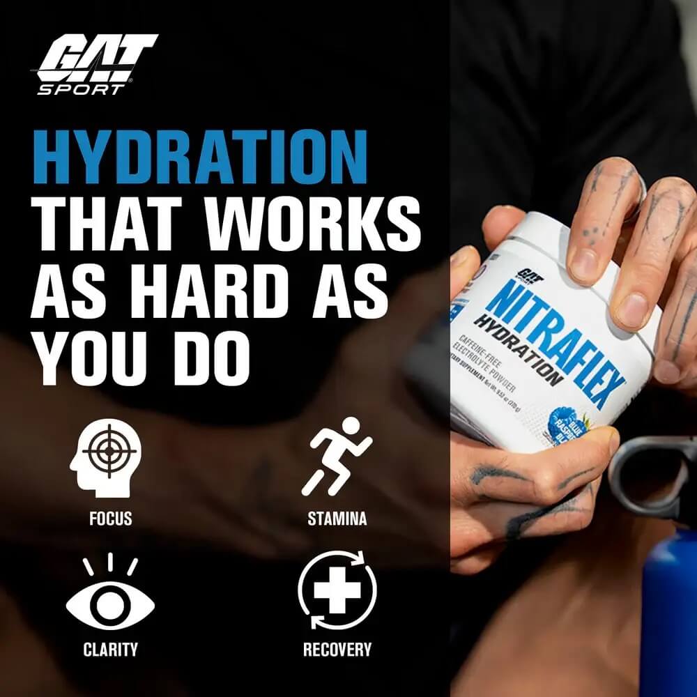 Hand holding Nitraflex Hydration tub highlighting benefits for Focus, Stamina, and Recovery