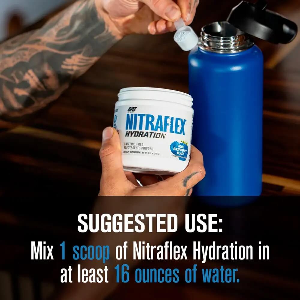Suggested use instructions showing 1 scoop mixed in at least 16 ounces of water