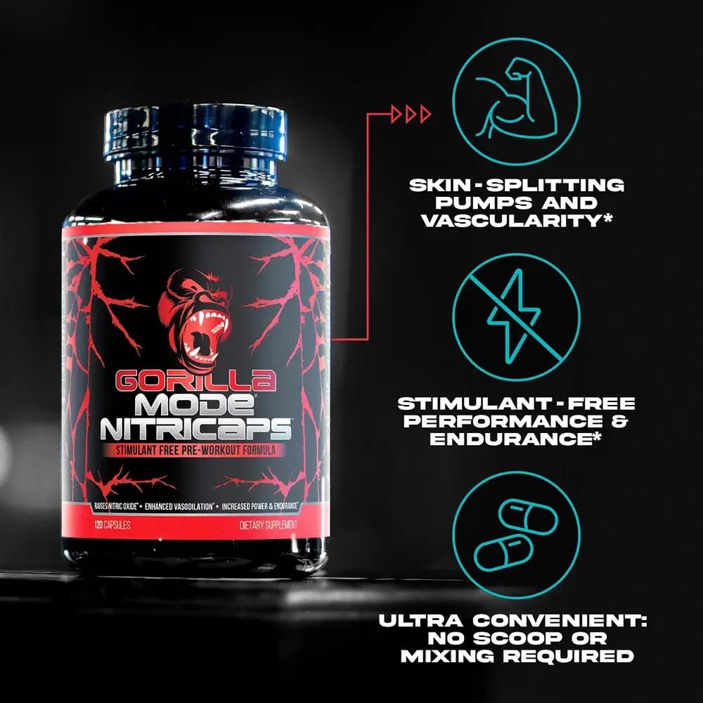 Gorilla Mode Nitricaps bottle highlighting skin-splitting pumps and stimulant-free performance.