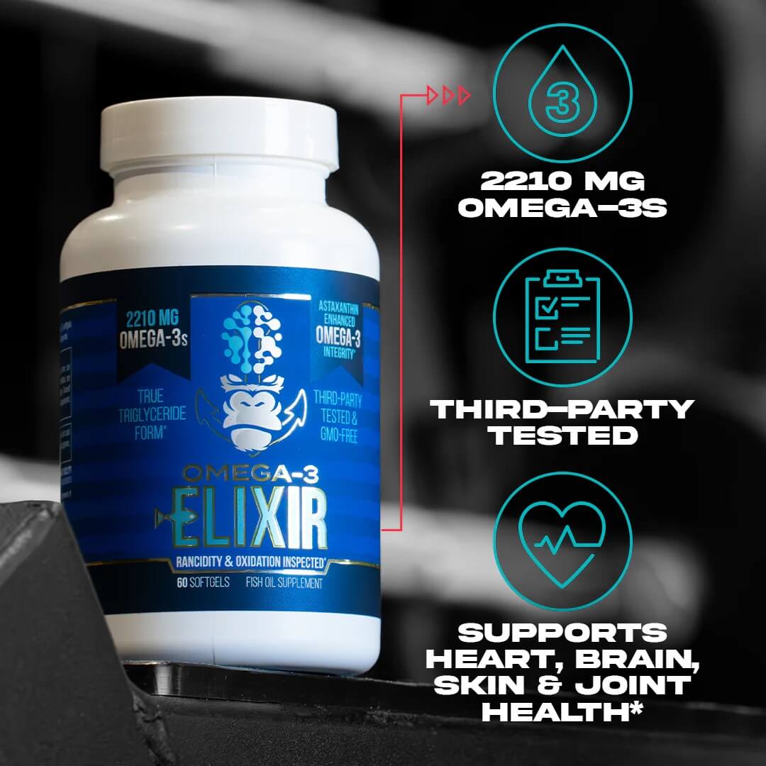 Omega-3 Elixir bottle with key benefits including 2210mg of Omega-3s and support for heart, brain, and joint health.