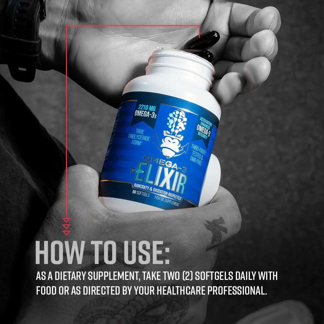 How to use instructions for Omega-3 Elixir, advising to take two softgels daily with food.