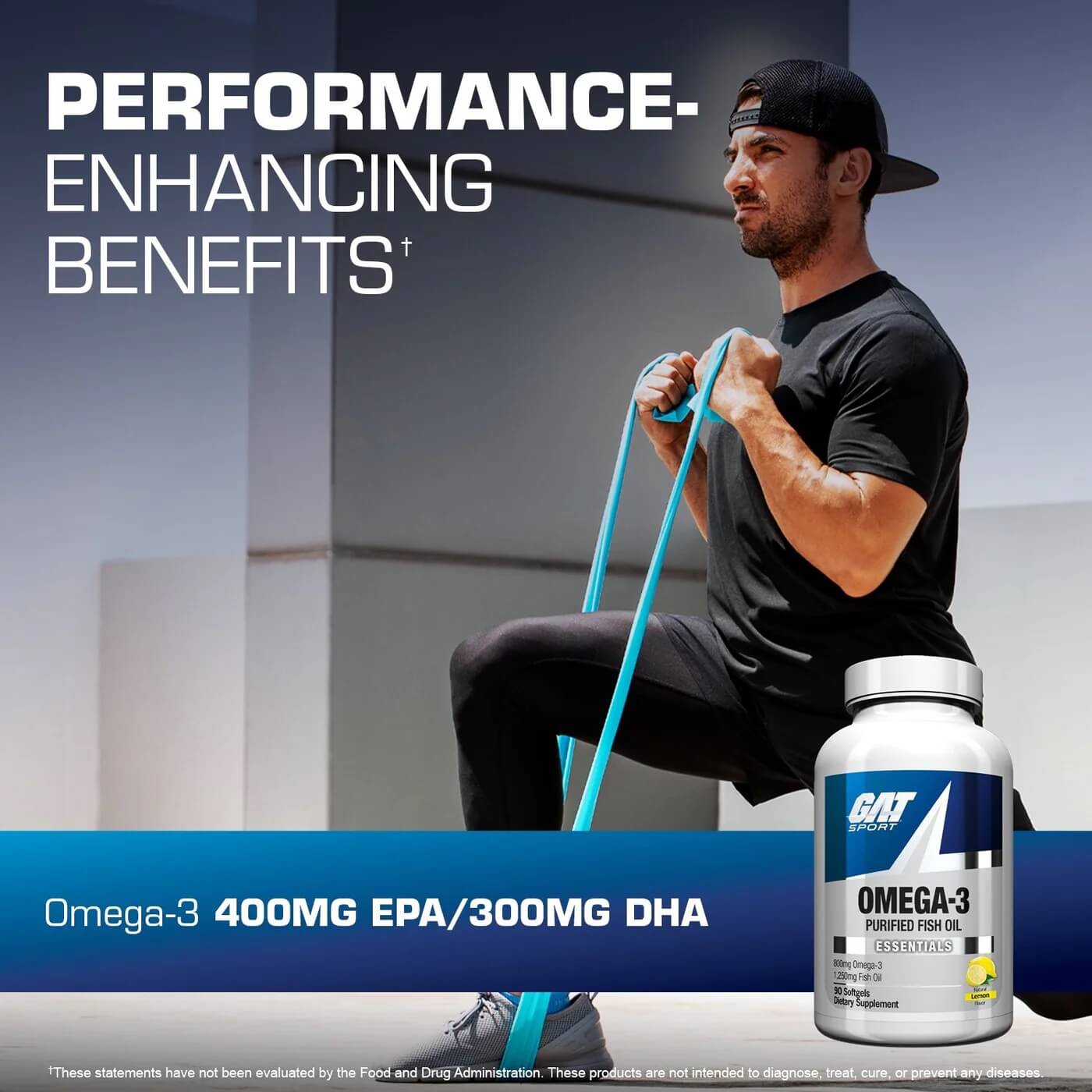 Male athlete using resistance bands - Performance-enhancing benefits with 400mg EPA and 300mg DHA