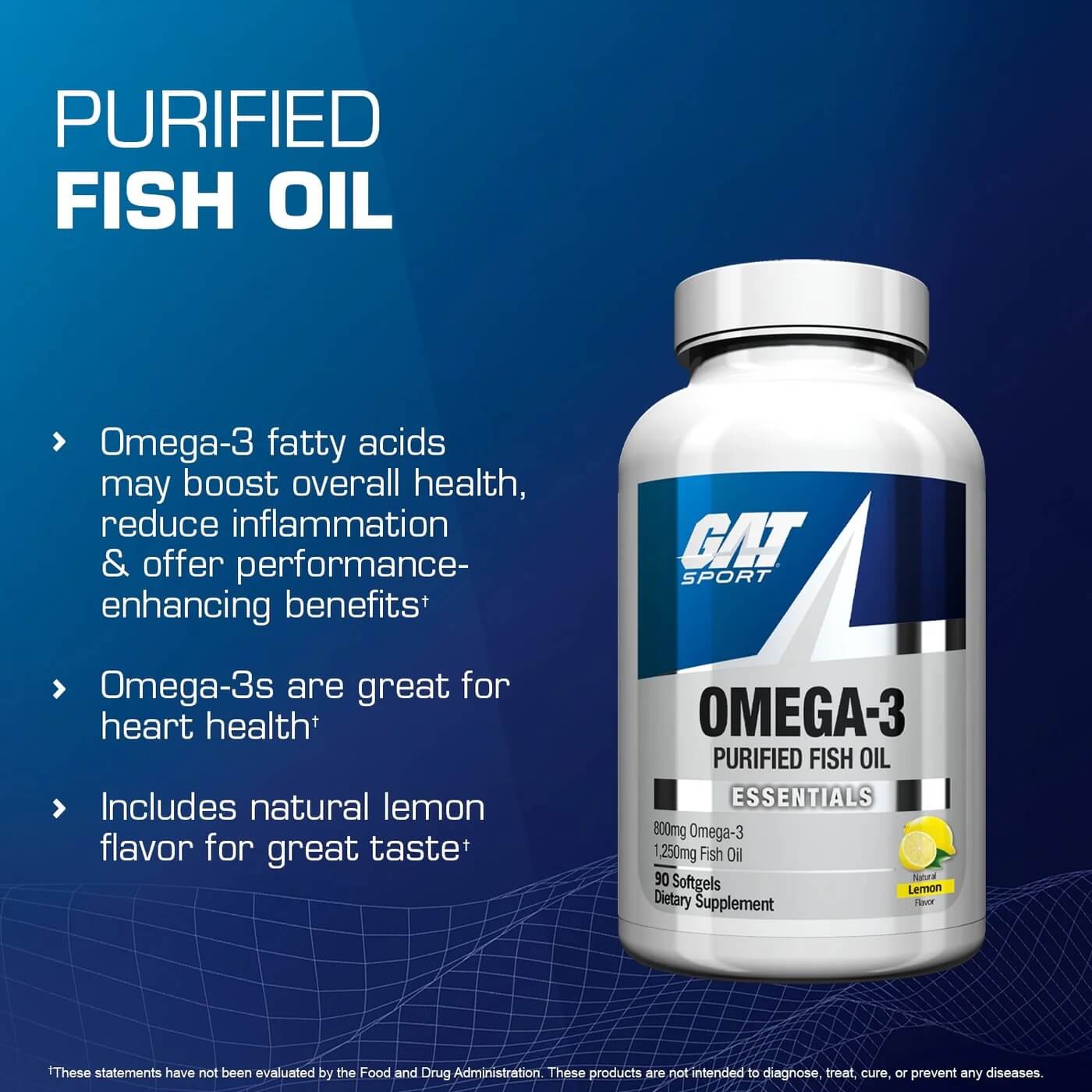 GAT Sport Omega-3 bottle highlighting Purified Fish Oil benefits for overall health, heart health, and natural lemon flavor