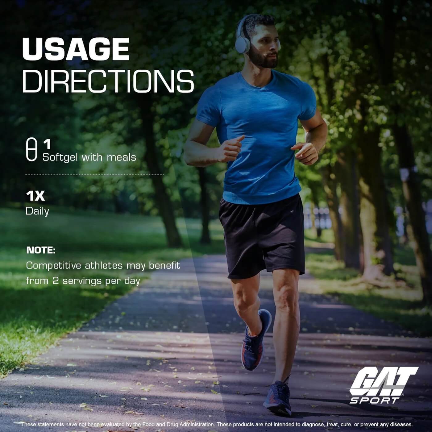Usage directions showing 1 softgel taken daily with meals and a male athlete running outdoors