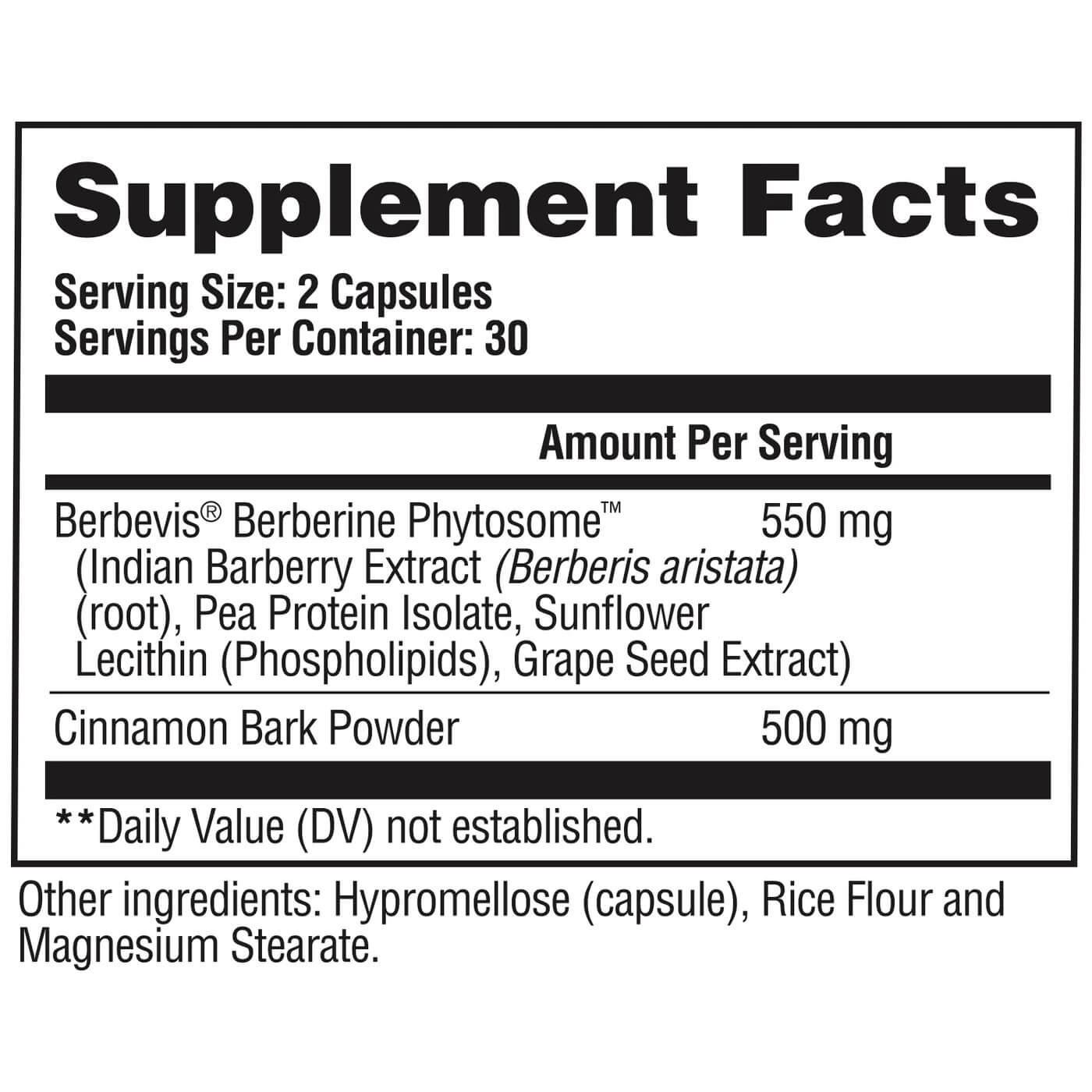 Nitraflex Pro Berberine Supplement Facts label showing 550mg Berbevis Berberine Phytosome and 500mg Cinnamon Bark Powder