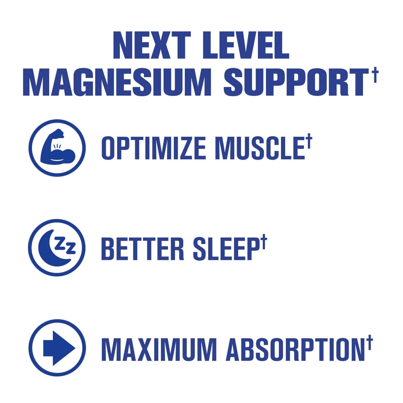 Next level Magnesium support highlighting optimized muscle, better sleep, and maximum absorption