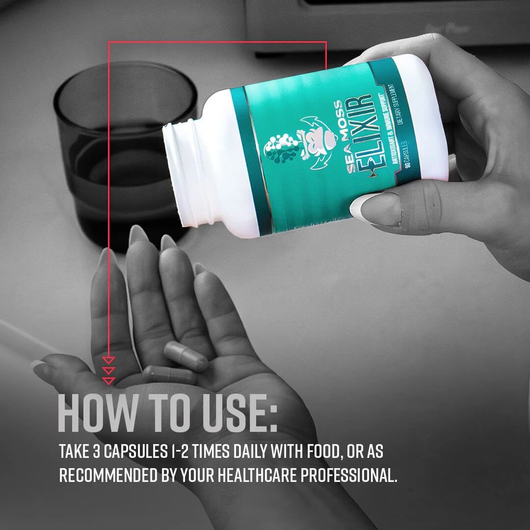 How to use instructions for Sea Moss Elixir, advising to take 3 capsules 1-2 times daily.