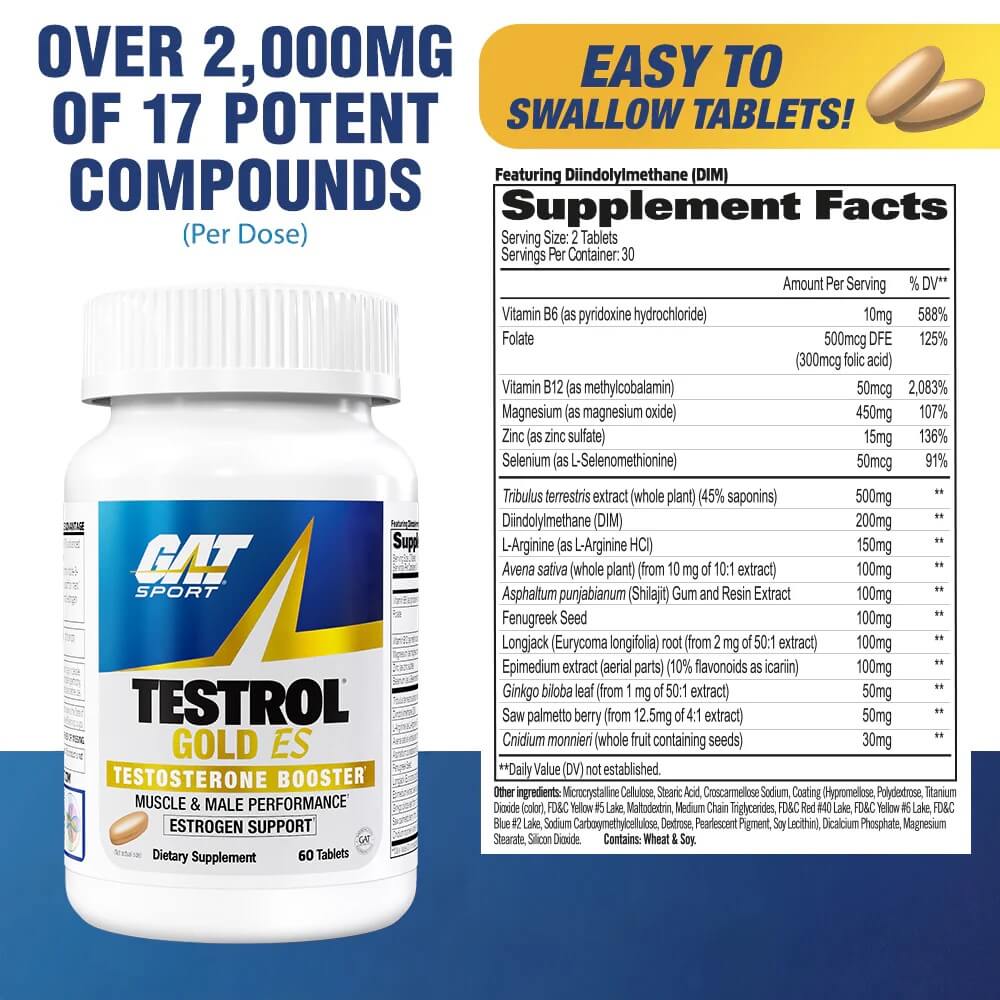 Testrol Gold ES Supplement Facts and easy to swallow tablets showing over 2,000mg of 17 potent compounds