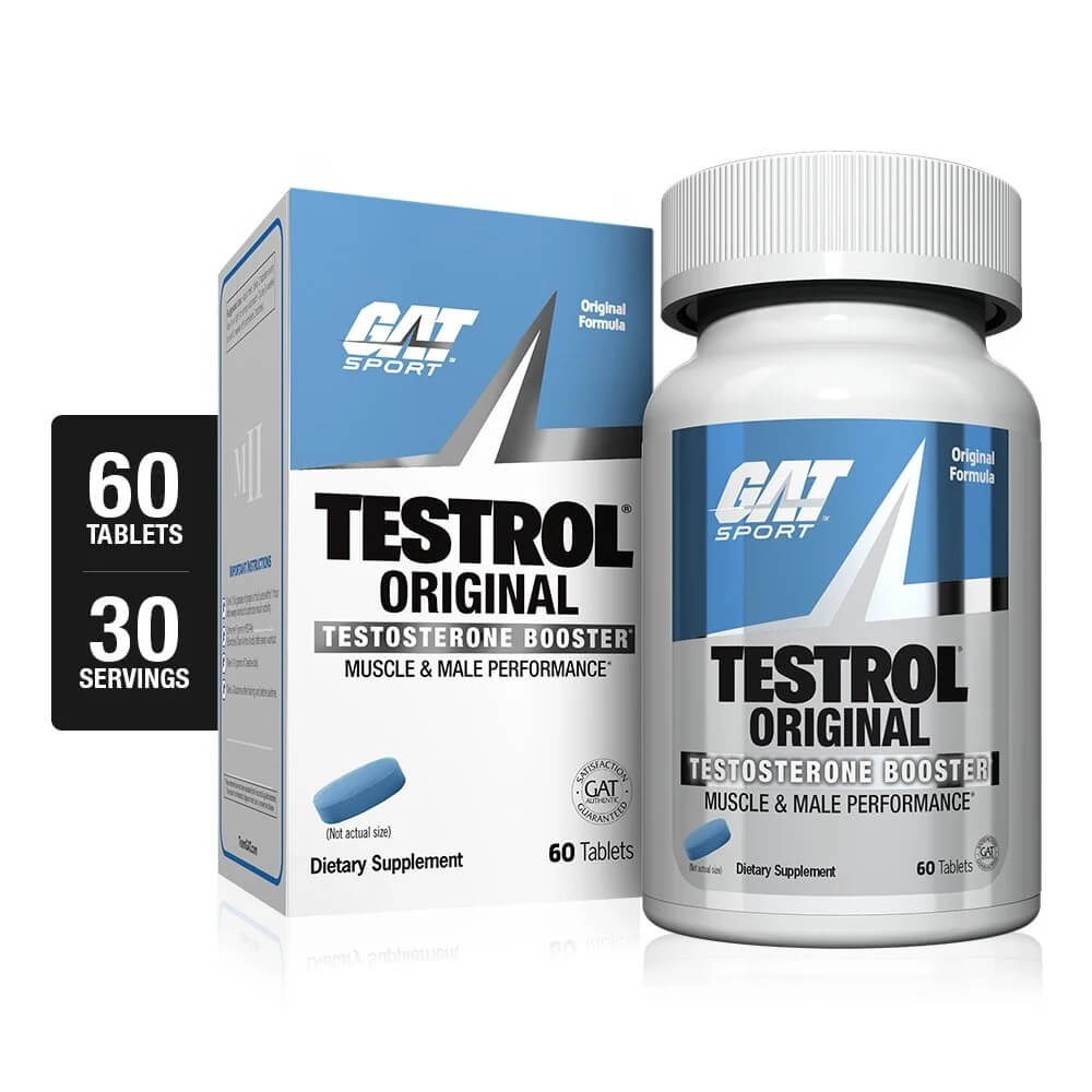 Testrol Original Testosterone Booster bottle and box highlighting 60 tablets and 30 servings