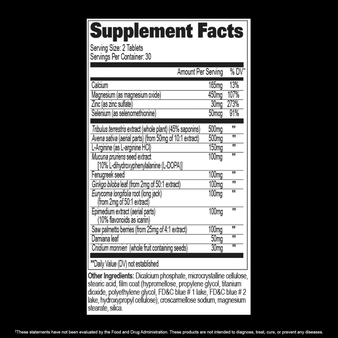 Testrol Original Supplement Facts label showing active ingredients