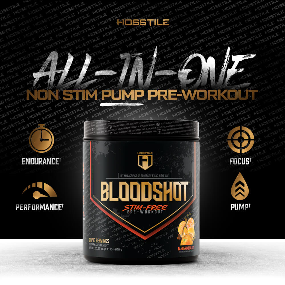 Hosstile Bloodshot non-stimulant pre-workout Tangerine Blast flavor for endurance and pump