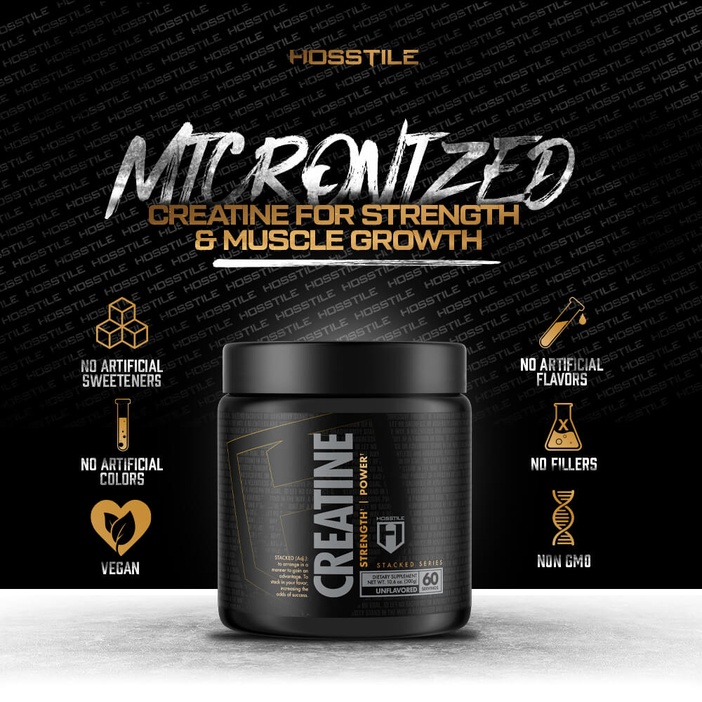 Hosstile micronized Creatine supplement for strength and muscle growth, vegan formula
