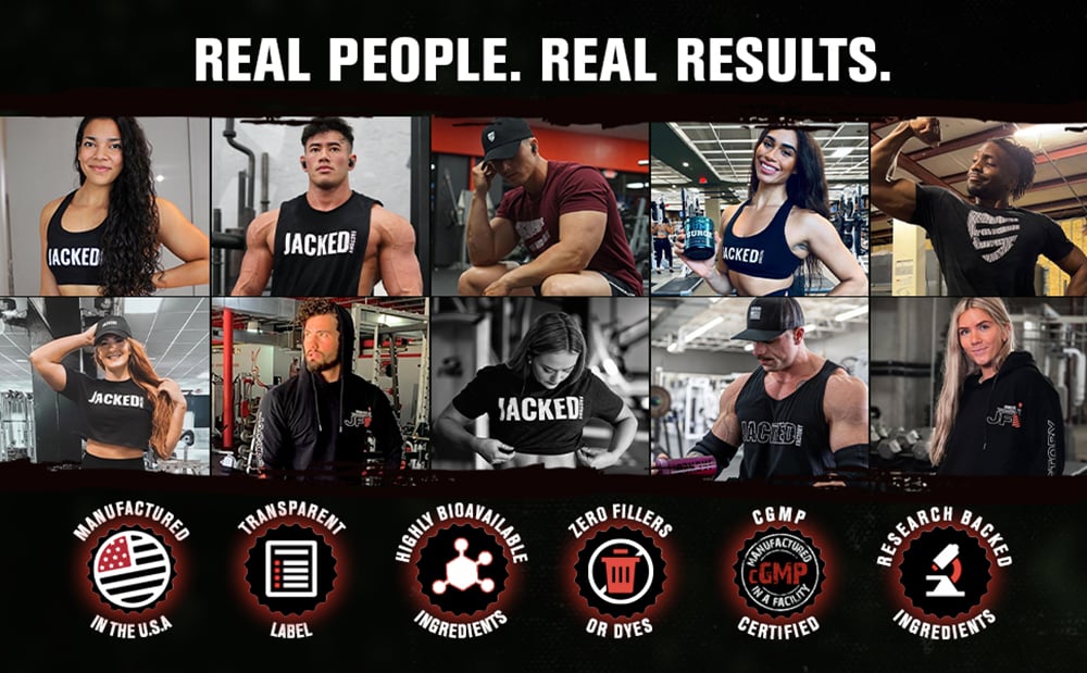 Real People, Real Results - collage of Jacked Factory athletes in the gym
