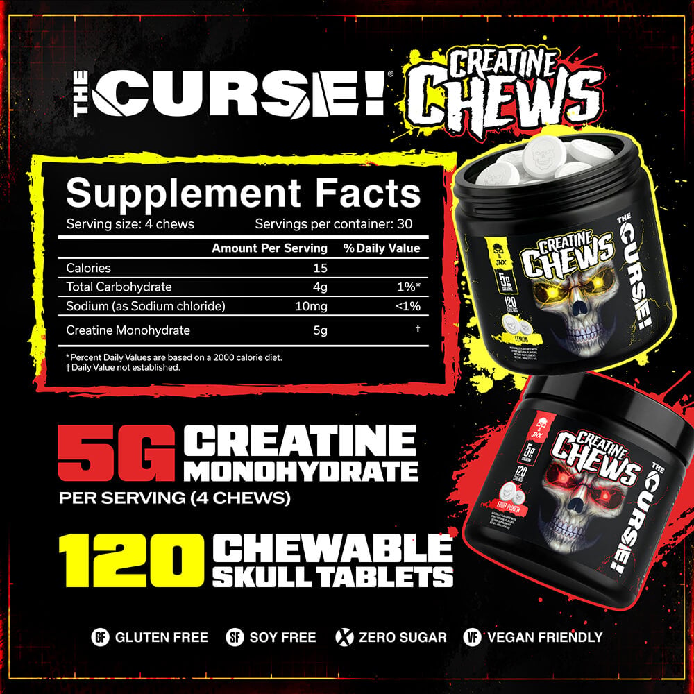 Close up of a skull-debossed creatine chew highlighting Quality, Purity & Safety