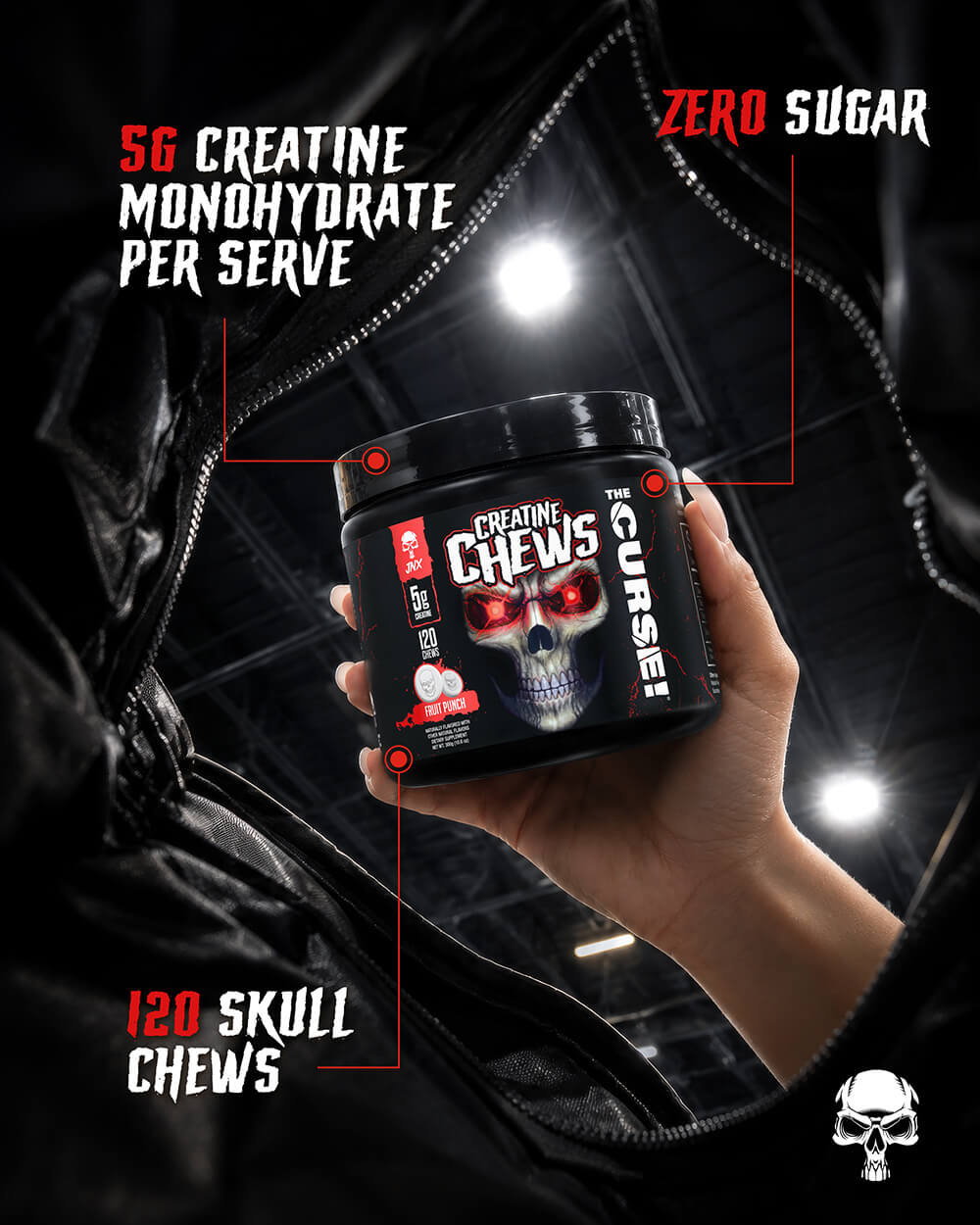 The Curse! Creatine Chews highlighting 5g Creatine Monohydrate, 120 Skull Chews, and Zero Sugar