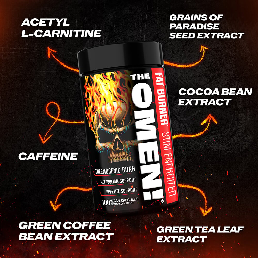 The Omen! bottle with key ingredients highlighted: Acetyl L-Carnitine, Grains of Paradise Seed Extract, Cocoa Bean Extract, Green Tea Leaf Extract, Green Coffee Bean Extract, and Caffeine.