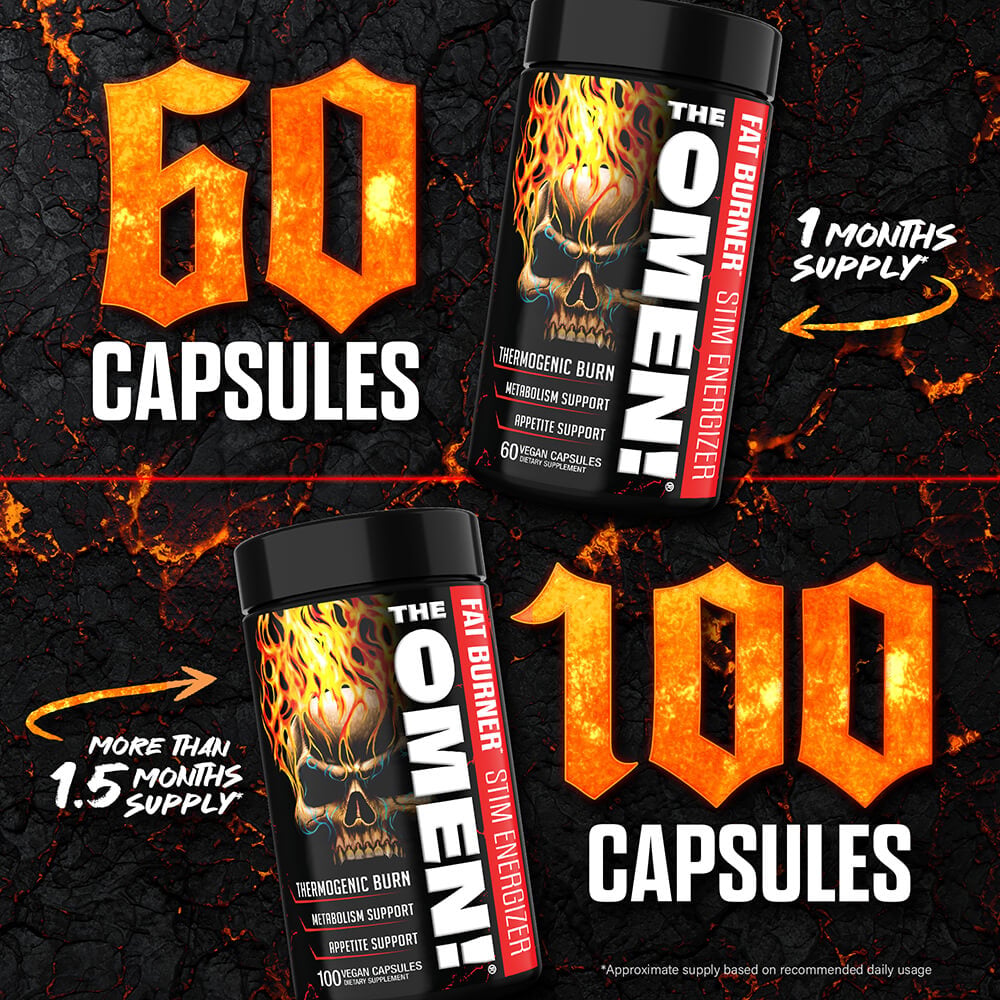 The Omen! bottles showing 60 capsules for a 1 month supply and 100 capsules for more than a 1.5 month supply.