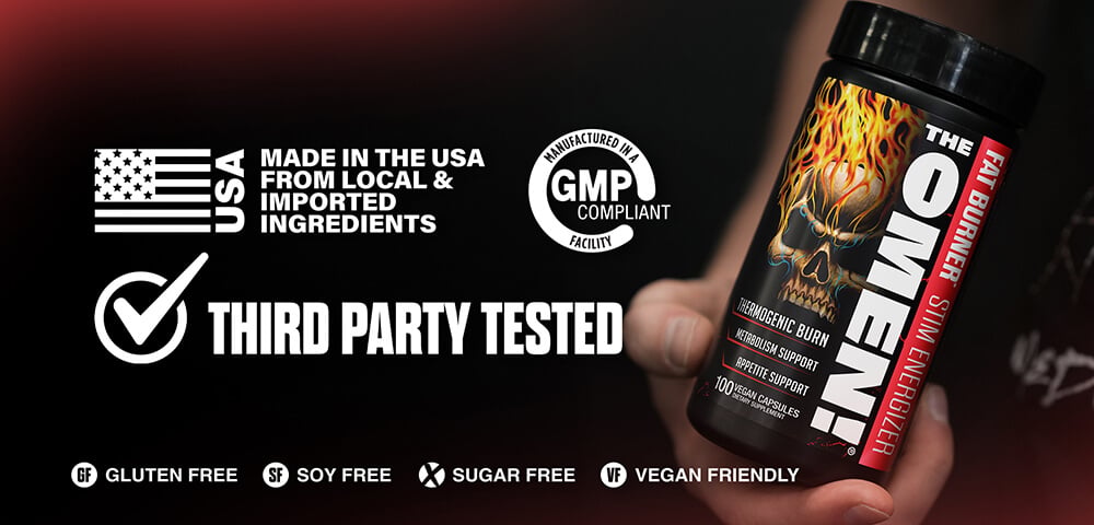 Quality seals for The Omen!: Made in the USA, GMP Compliant, Third Party Tested, Gluten Free, Soy Free, Sugar Free, and Vegan Friendly.