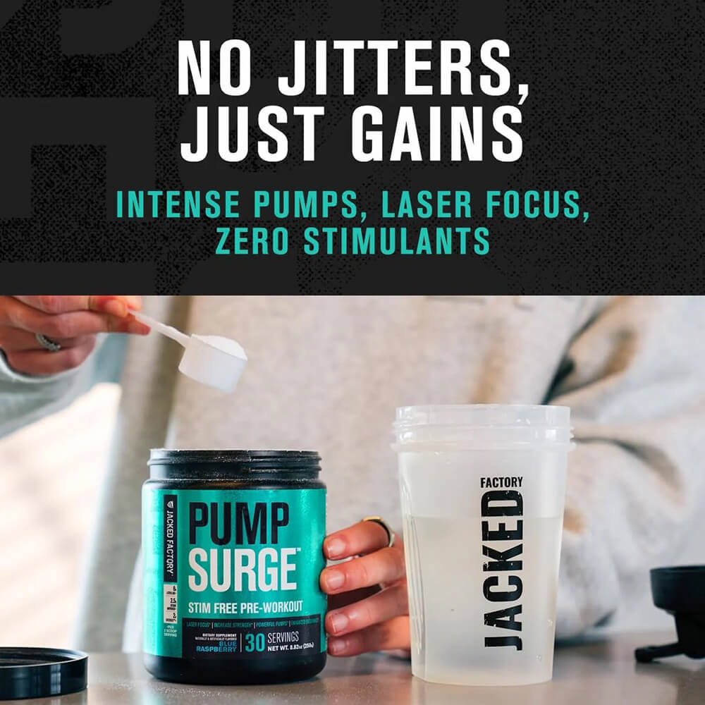 Jacked Factory Pump Surge powder and shaker with text No Jitters, Just Gains
