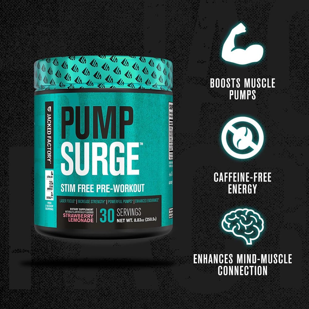 Pump Surge Strawberry Lemonade tub with icons for muscle pumps, caffeine-free energy, and mind-muscle connection