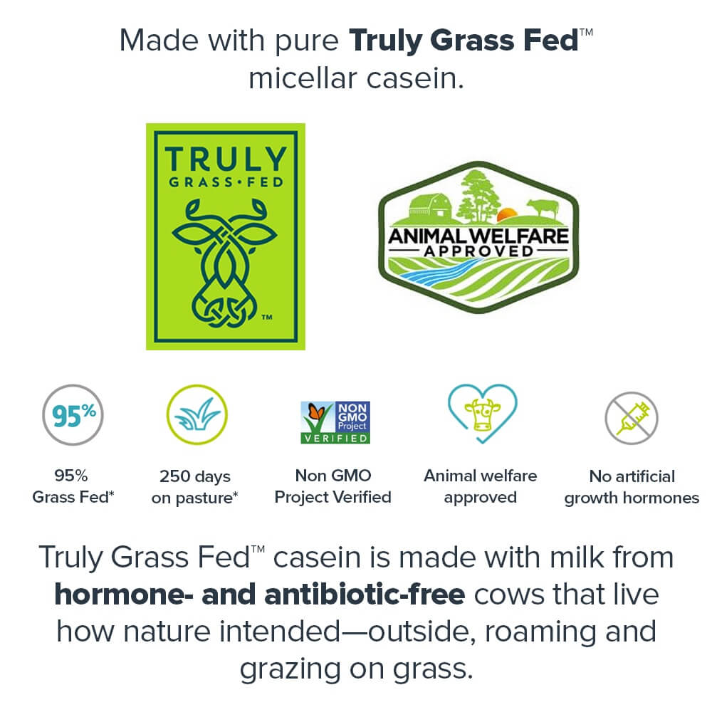 Made with pure Truly Grass Fed micellar casein verified by Animal Welfare Approved