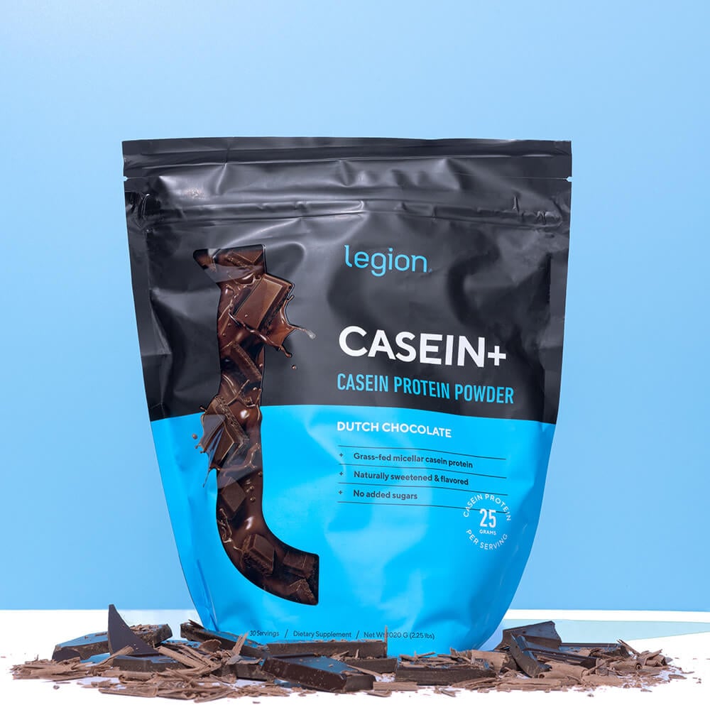 Legion Casein+ Dutch Chocolate protein powder bag with chocolate pieces