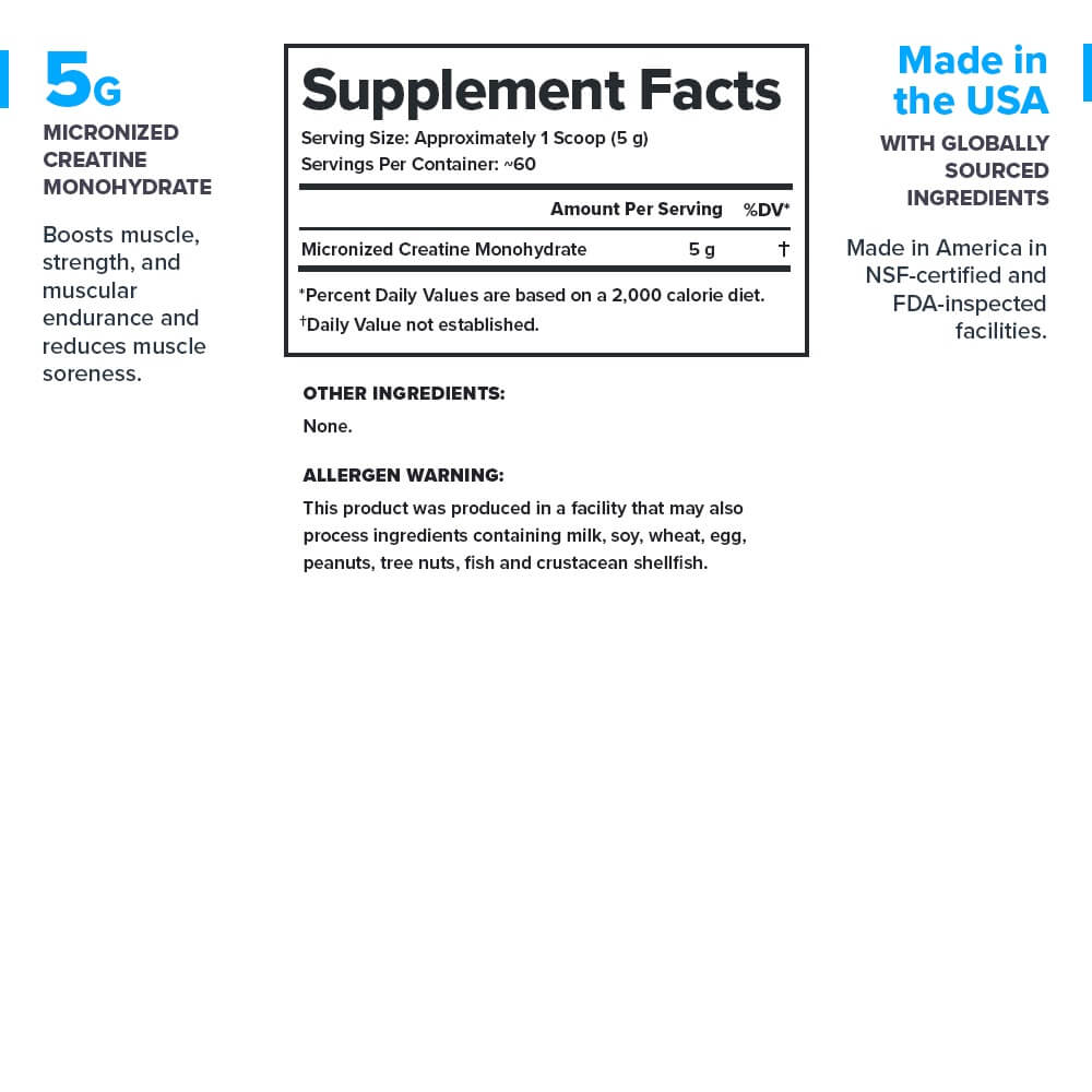 Creatine Supplement Facts detailing 5g Micronized Creatine Monohydrate
