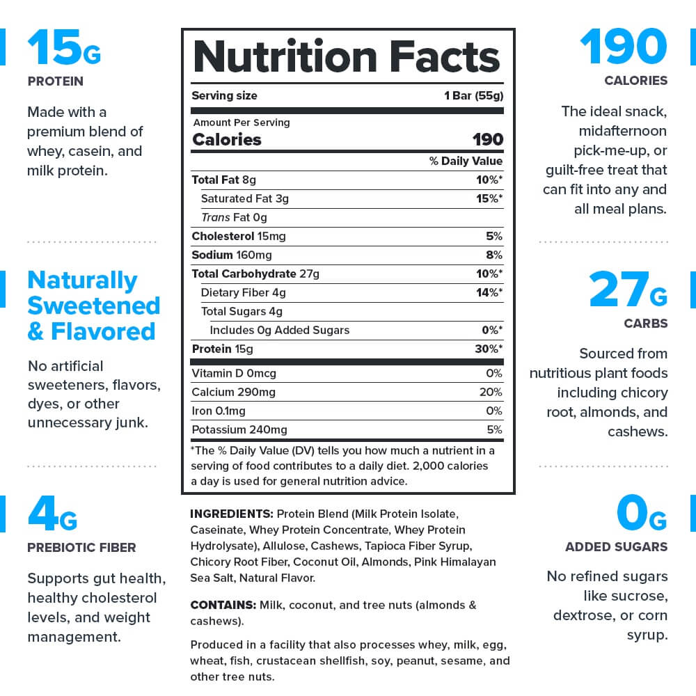 Protein Crispy Treat Nutrition Facts detailing 15g protein, 4g prebiotic fiber, 190 calories, and 0g added sugars