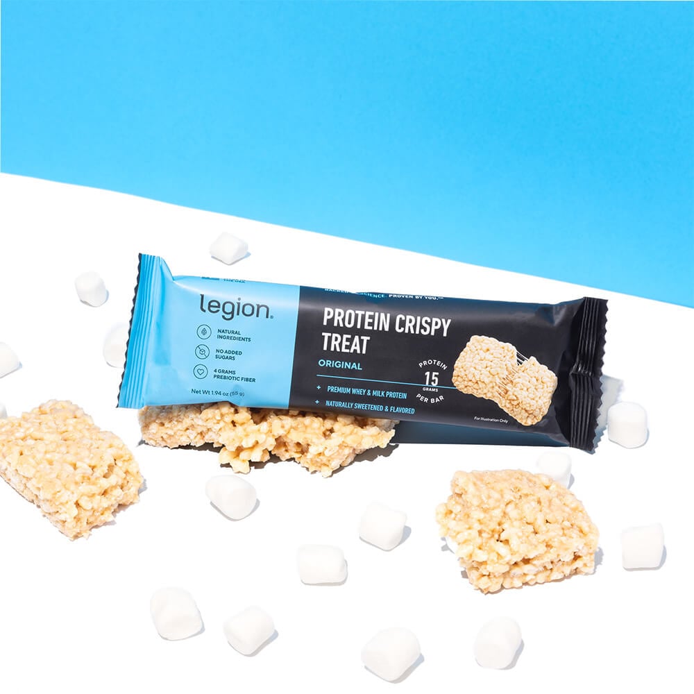 Legion Protein Crispy Treat Original flavor bar with mini marshmallows