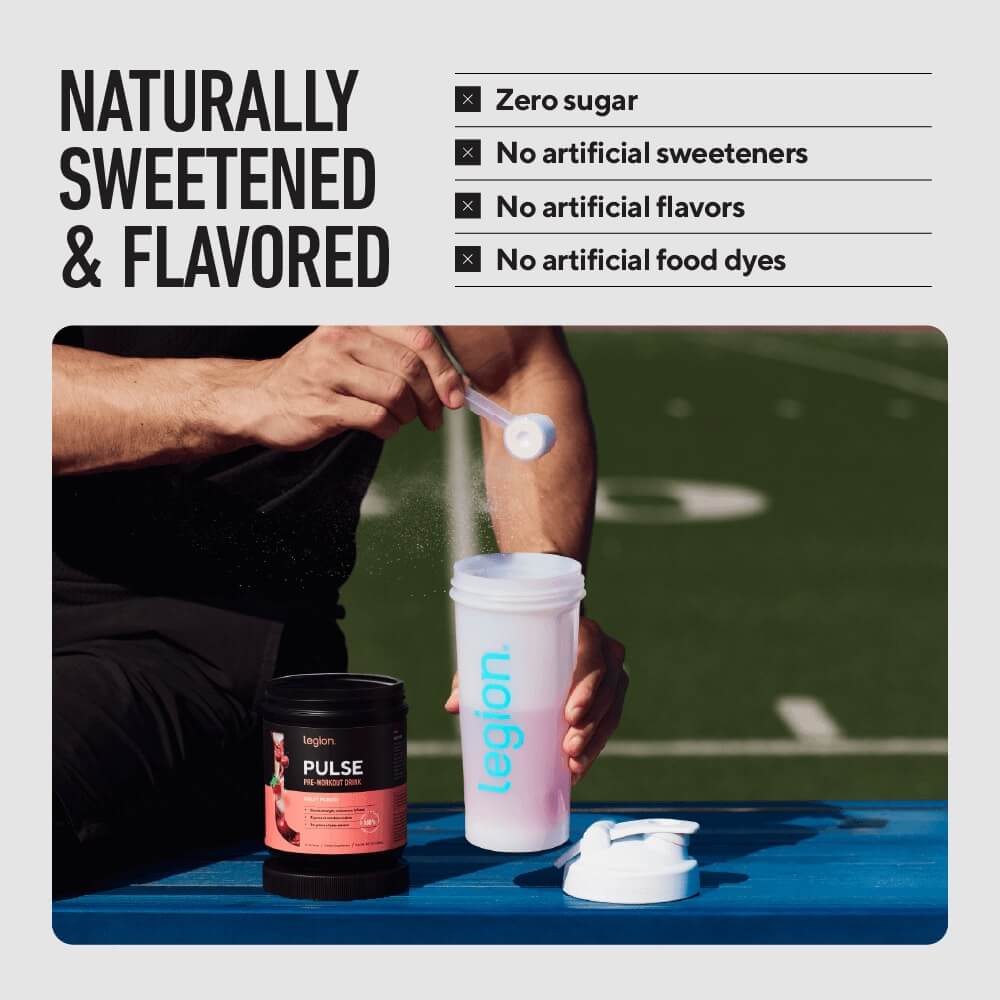 Naturally sweetened and flavored pre-workout powder with zero sugar and no artificial sweeteners, flavors, or food dyes