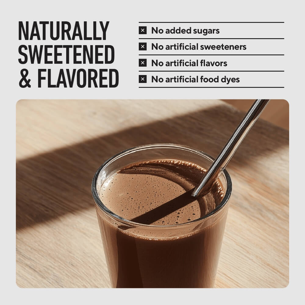 Naturally sweetened and flavored chocolate protein shake with no added sugars or artificial sweeteners
