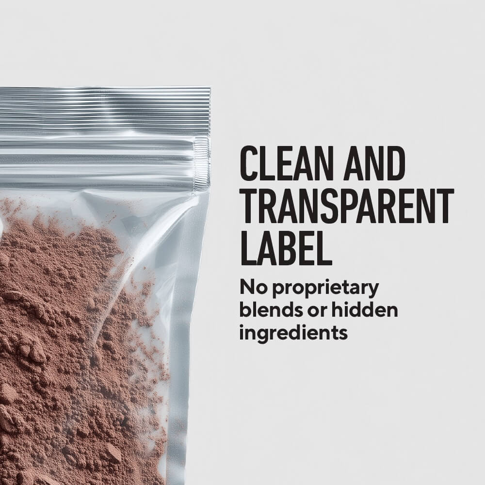 Clean and transparent label showing protein powder inside a zipper pouch