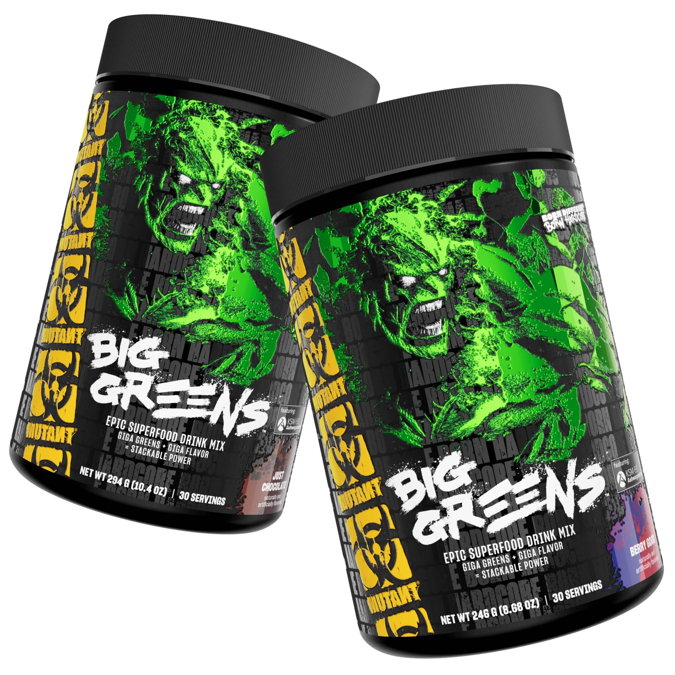 Big Greens flavor banner showing 2 available flavors - just chocolate, berry good