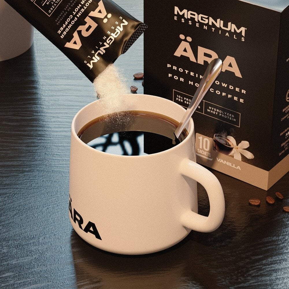 Ara sachet pouring into cup of coffee with spoon in it