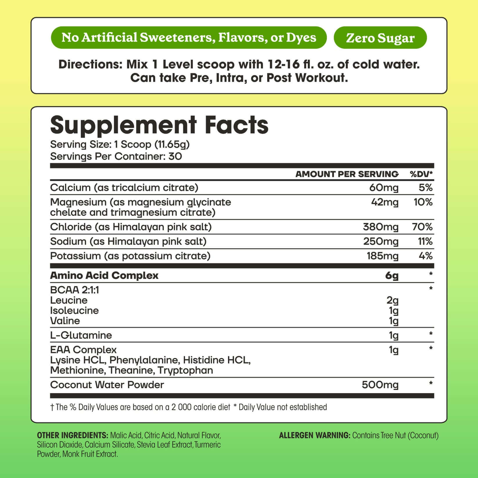 Citrus Lime Amino Hydration supplement facts panel