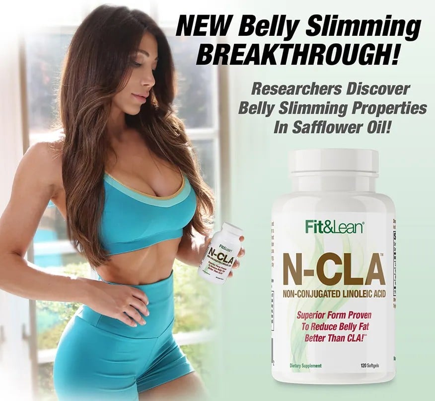 Main banner with Fit female model holding Fit & Lean N-CLA bottle - New Belly Slimming BREAKTHROUGH! Researchers discover belly slimming properties in safflower oil!*