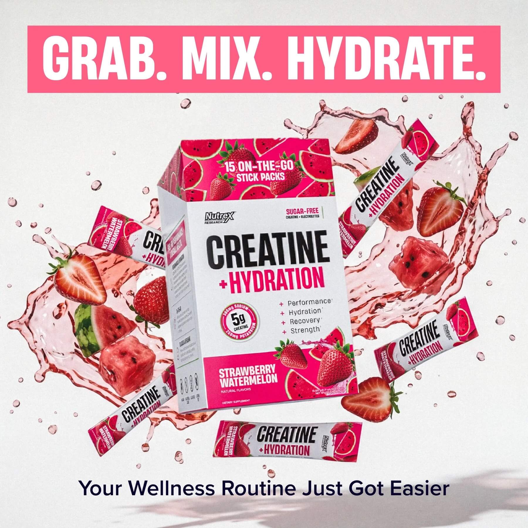 Nutrex Creatine + Hydration Stick Packs splashing in water - Grab. Mix. Hydrate.