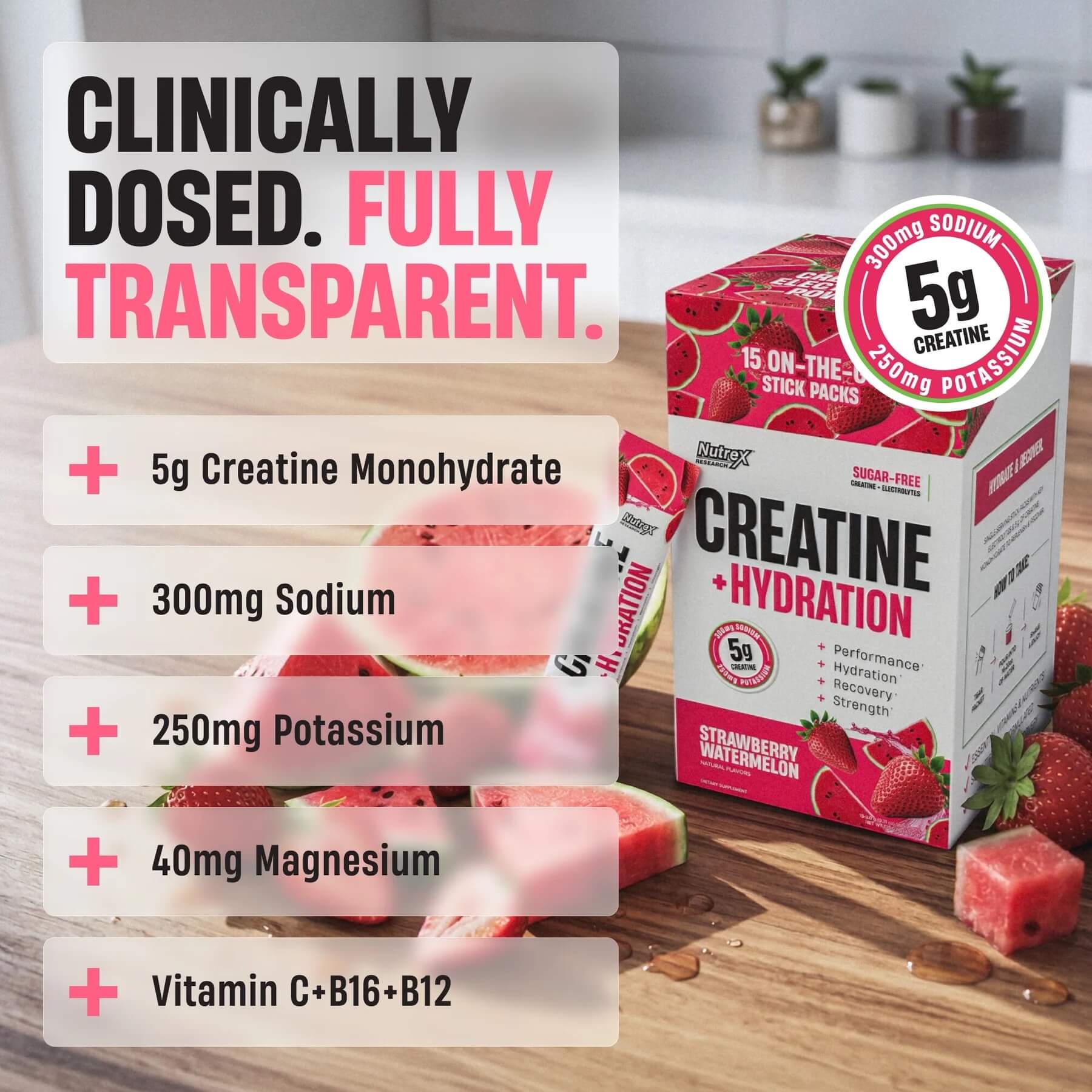 Clinically Dosed. Fully Transparent. showing stick packs and ingredient breakdown