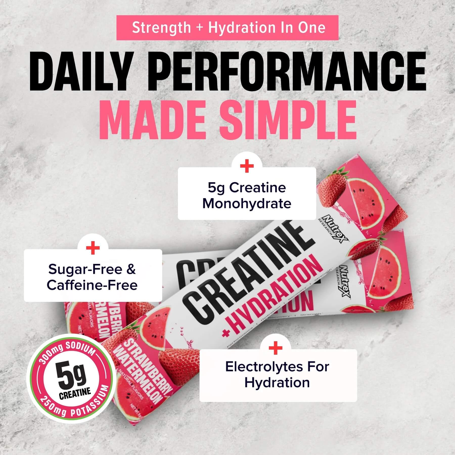 Creatine + Hydration stick packs on marble - Daily Performance Made Simple