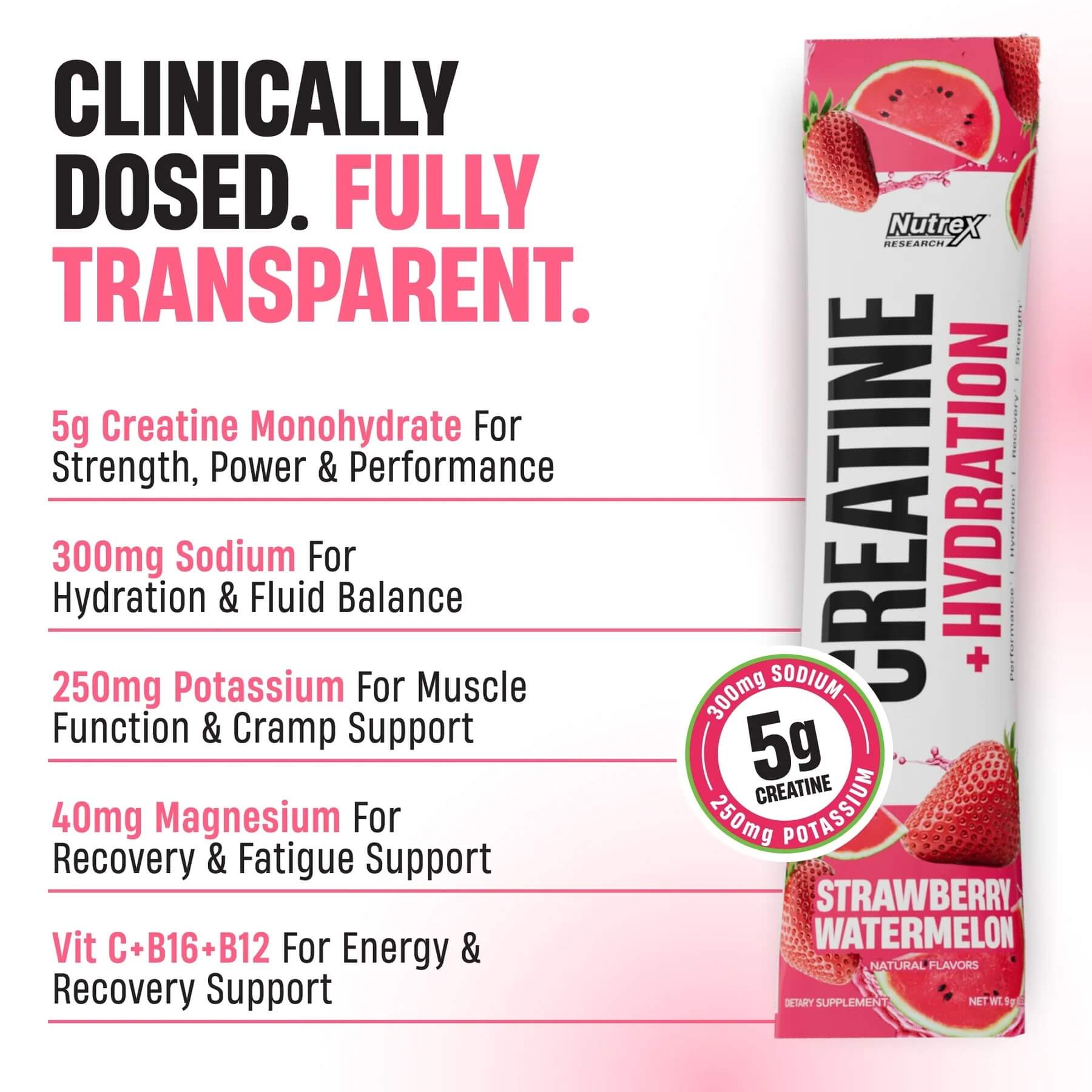 Ingredient breakdown highlighting 300mg Sodium, 250mg Potassium, and 40mg Magnesium