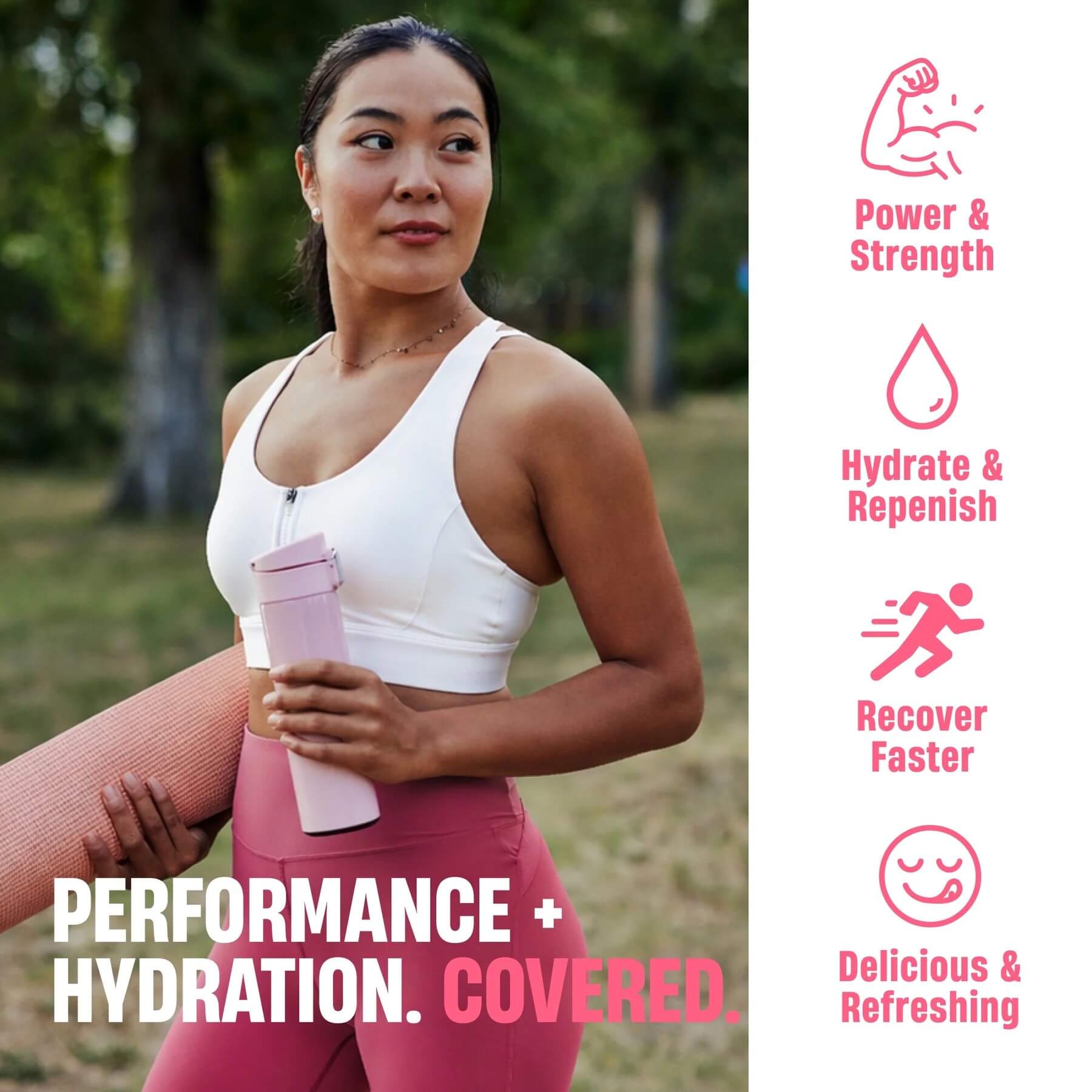 Woman outdoors with yoga mat and shaker bottle - Performance + Hydration Covered
