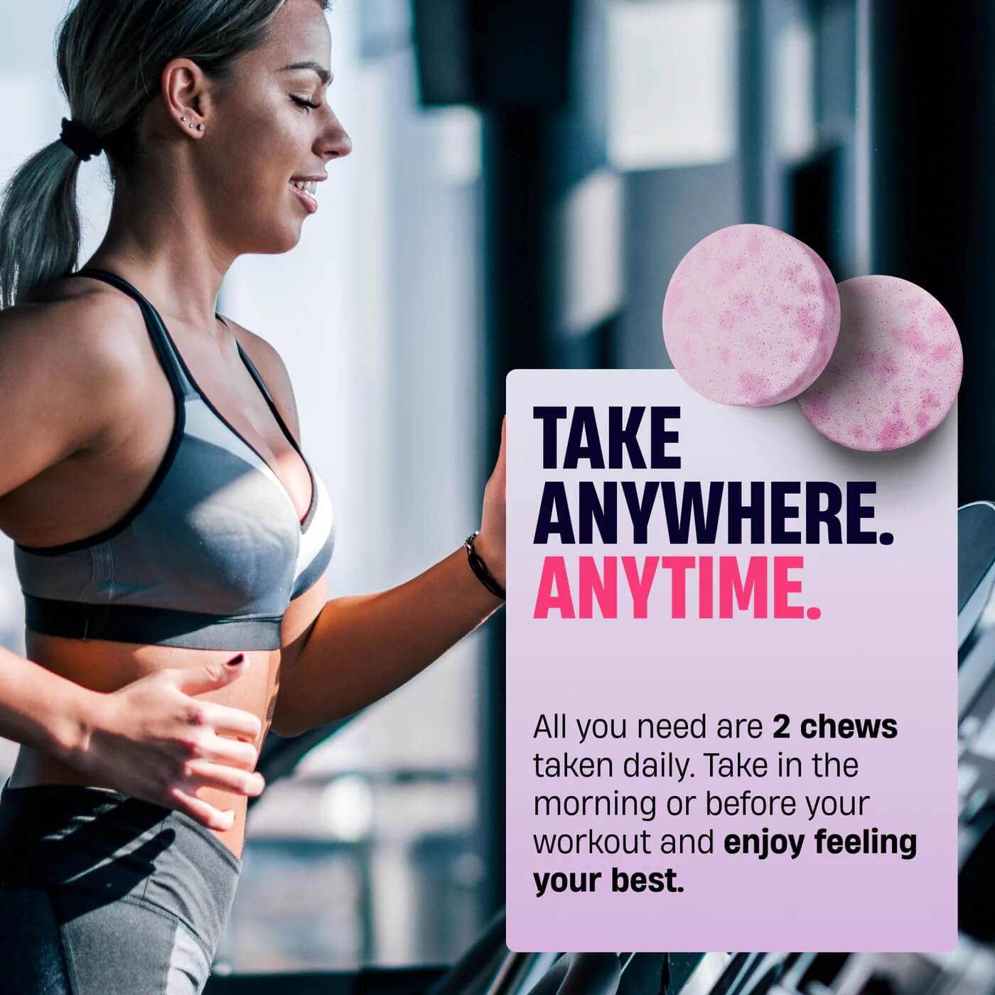 Woman on a treadmill - Take Anywhere. Anytime.