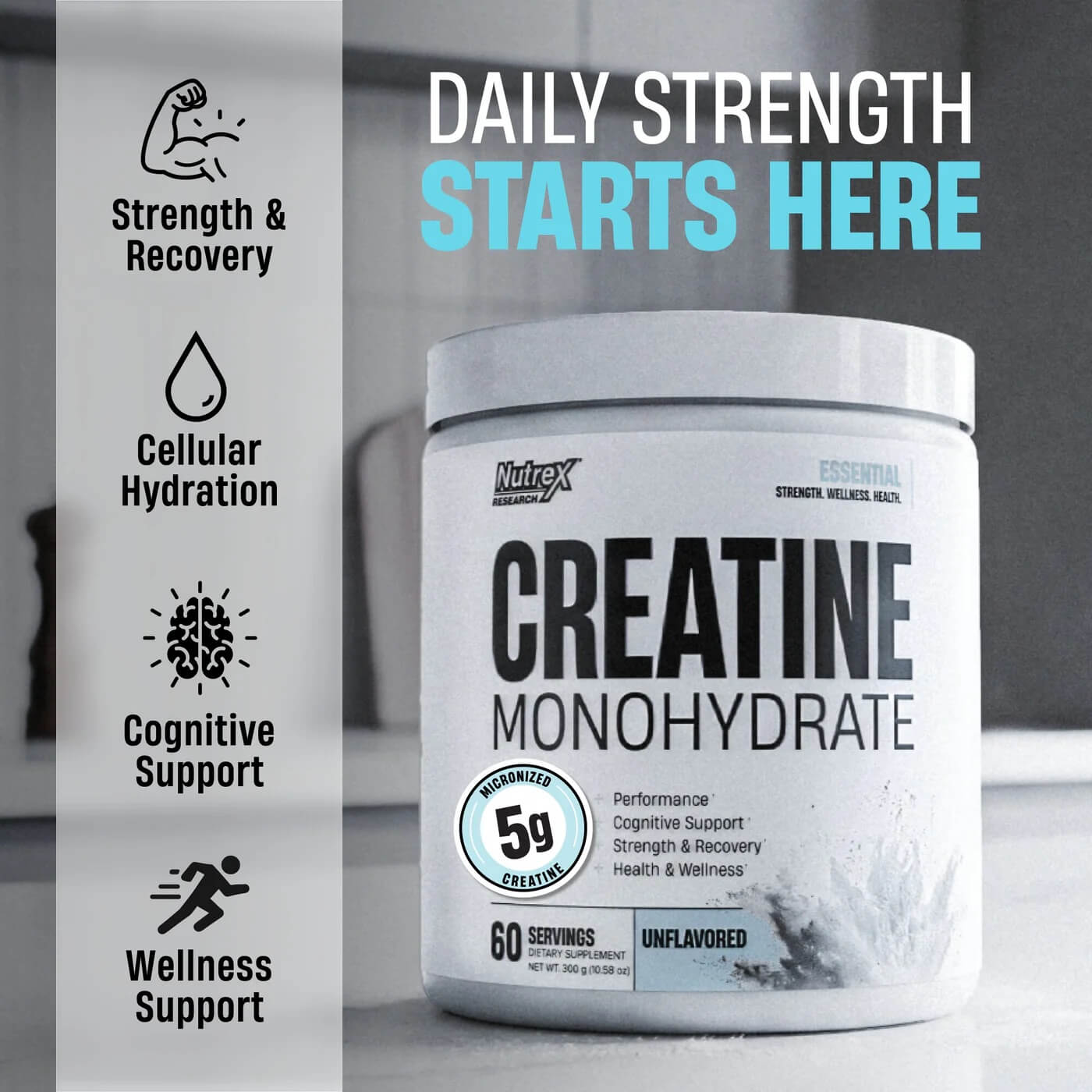 Nutrex Creatine Monohydrate resting on a yoga mat - Built Beyond Basic