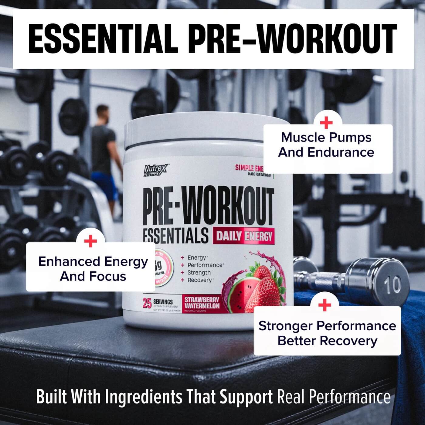 Essential Pre-Workout showing muscle pumps and endurance