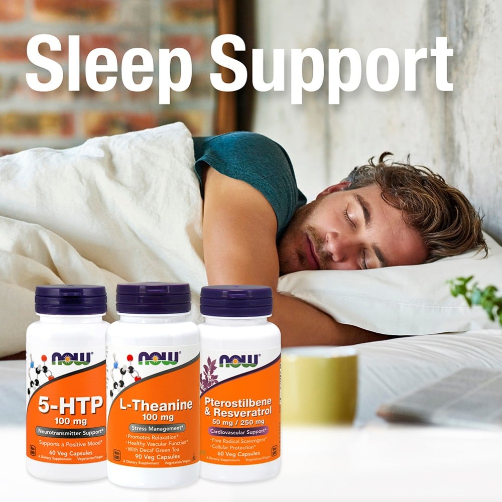 Man Sleeping with 3 bottle shots of NOW FOOD SUPPLEMENT Products
