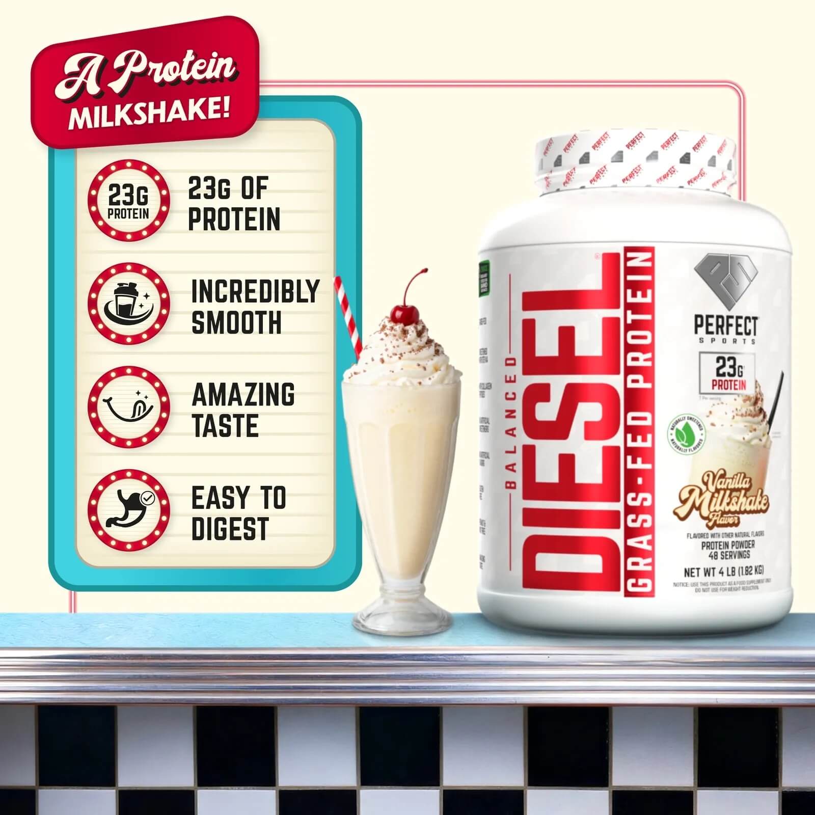 Perfect Sports Balanced Diesel Grass-Fed Protein - A Protein Milkshake with 23g of Protein, Incredibly Smooth, Amazing Taste, and Easy to Digest